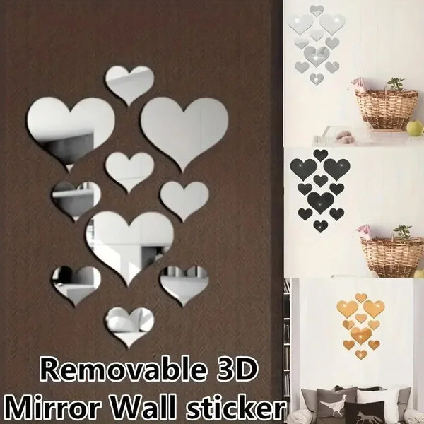 Removable 3D mirror wall sticker set featuring various heart shapes in silver and black finishes