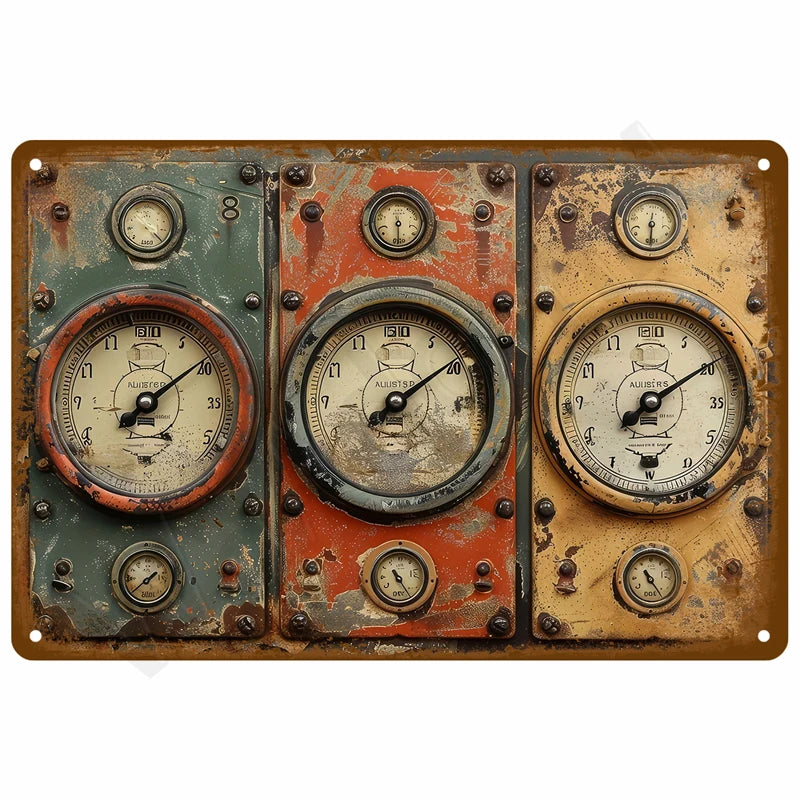 Vintage retro metal wall sign featuring four circular gauges with aged, distressed paint finishes.