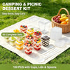 A spread of 50 complete dessert sets featuring colorful fruit parfaits in clear plastic cups with lids and spoons