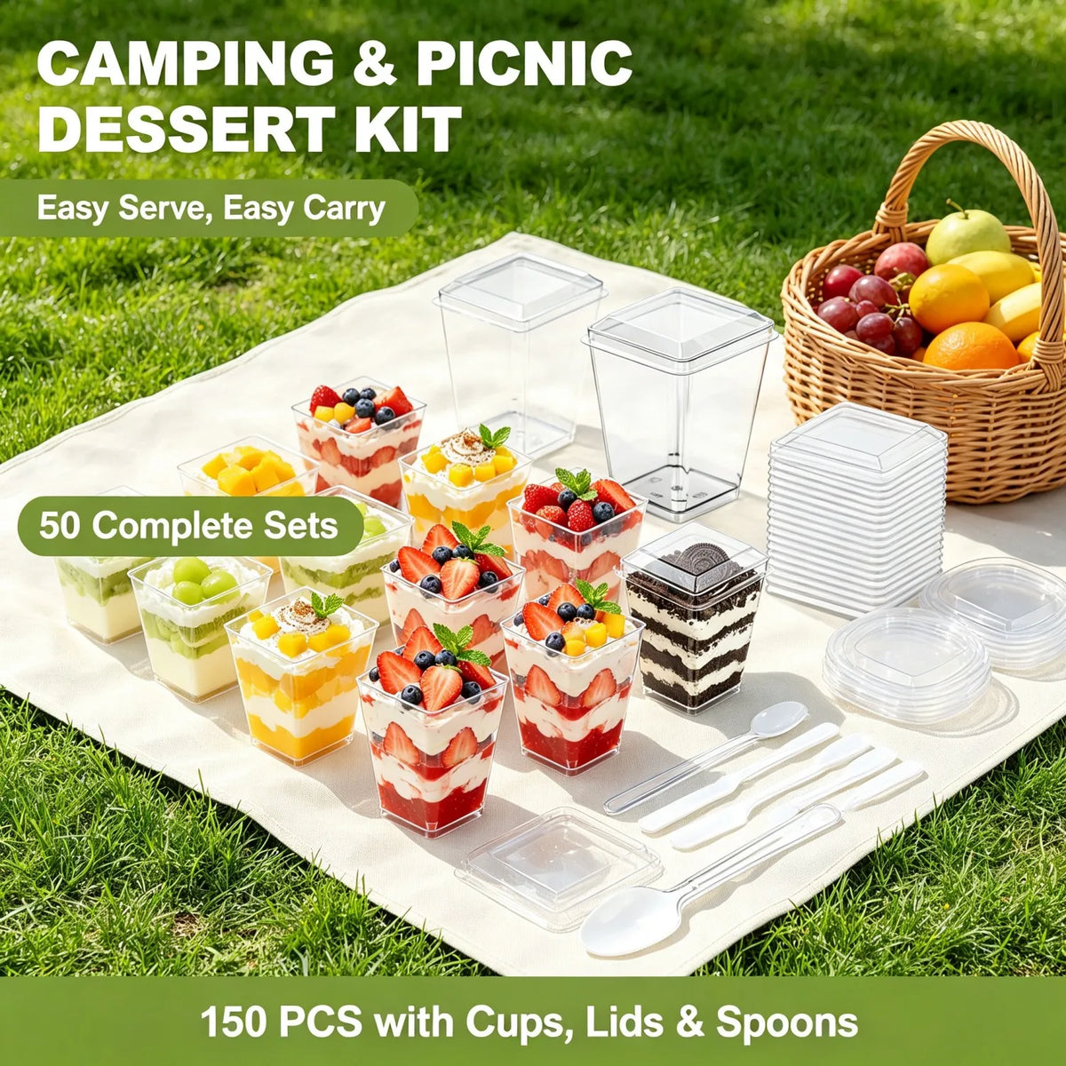 A spread of 50 complete dessert sets featuring colorful fruit parfaits in clear plastic cups with lids and spoons