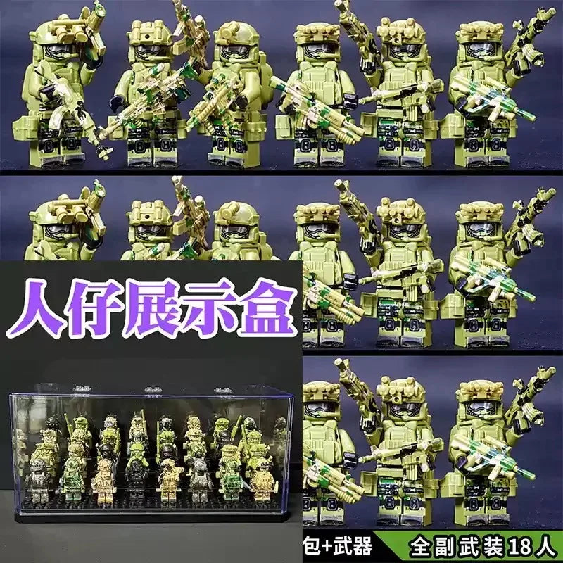 A collection of 18 miniature figures and accessories for the Veyron Special Forces Building Block Set Delta Squad Miniature.