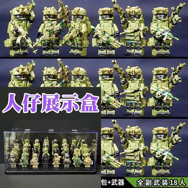 A collection of 18 miniature figures and accessories for the Veyron Special Forces Building Block Set Delta Squad Miniature.