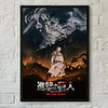 A dark, dramatic poster featuring a character from Attack on Titan against a fiery background.