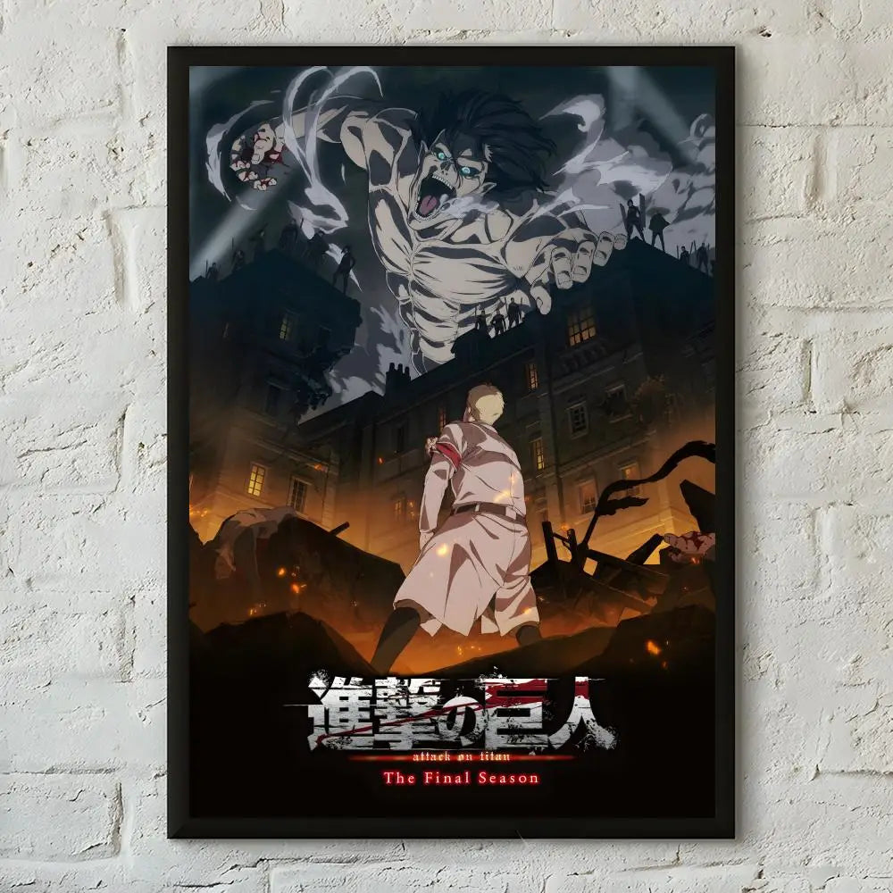 A dark, dramatic poster featuring a character from Attack on Titan against a fiery background.
