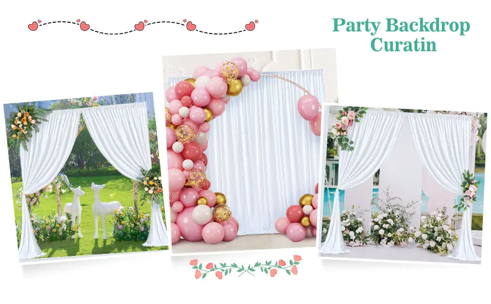Party backdrop curtain featuring pink and white balloons and sheer white drapery for events