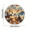Rustic cowboy and horse wooden wall clock face showing a scene of a campfire and landscape.