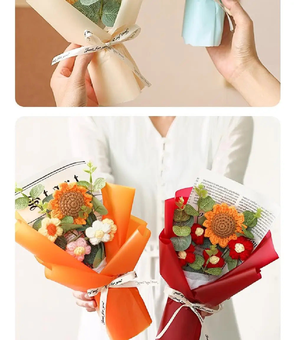 A close-up of a handcrafted crochet sunflower and daisy bouquet in orange and red paper wrapping.