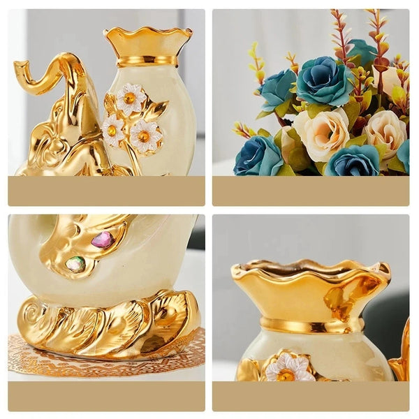 Gold ceramic swan vase for tabletop decor shown in various angles and contexts.