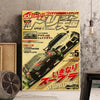Impression sur toile verticale avec texte japonais et une image en noir et blanc d'une voiture en dérapage.