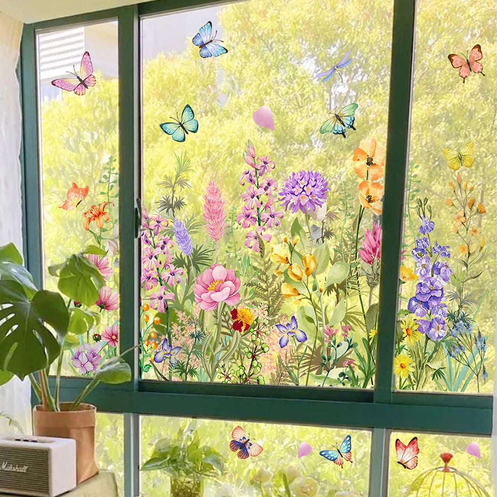 Window decals featuring colorful butterflies and flowers on a glass pane.