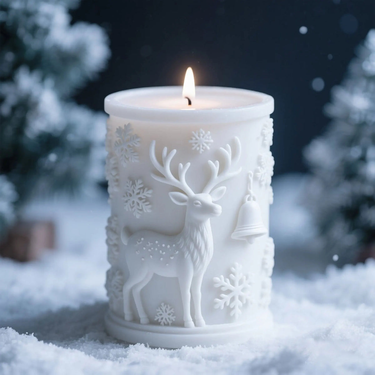 White silicone mold of a deer relief with snowflakes used as a candle holder in a snowy setting