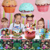 A set of colorful party decor featuring bear and animal themes including cupcake toppers and paper decorations.