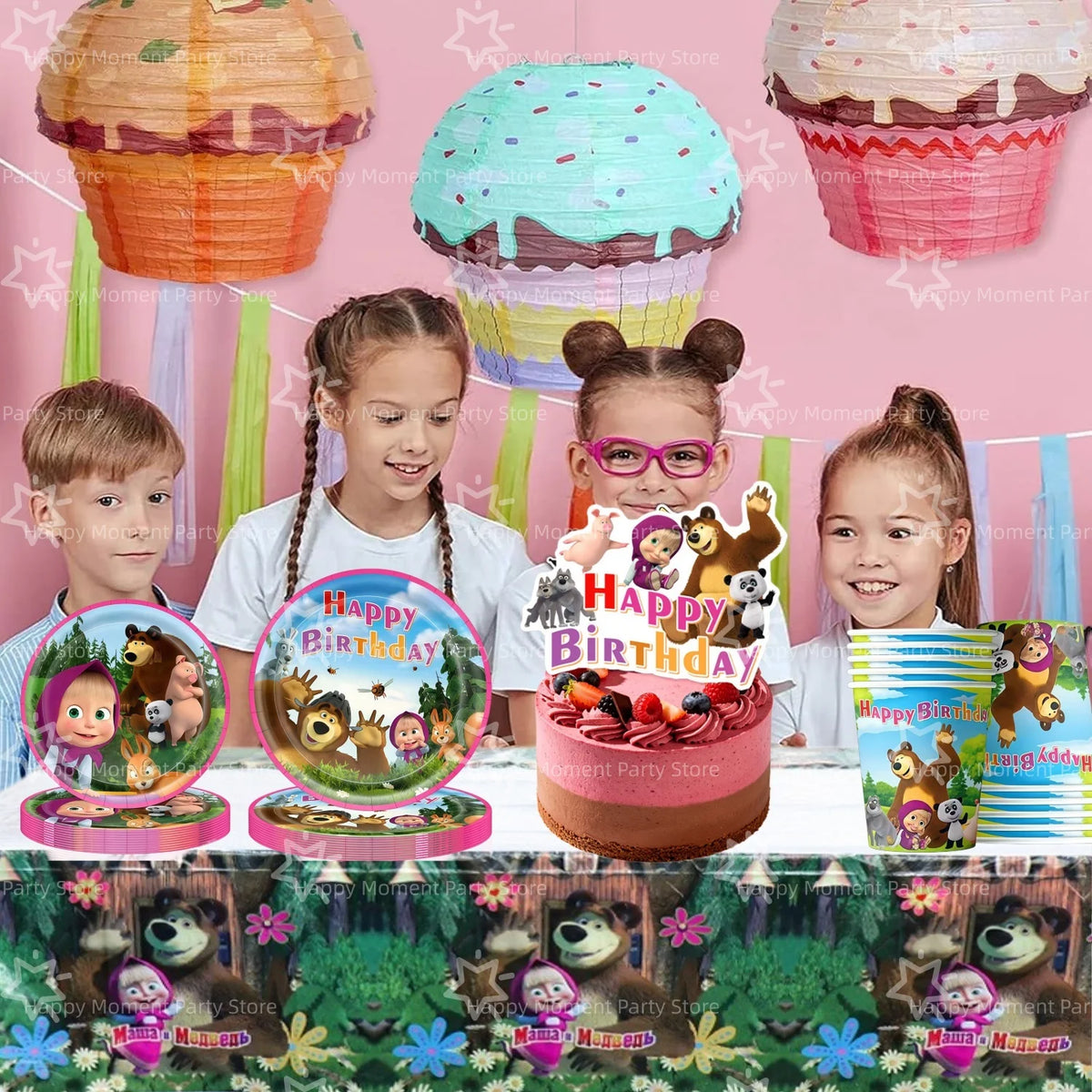 A set of colorful party decor featuring bear and animal themes including cupcake toppers and paper decorations.