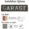 Vintage metal garage sign with the word GARAGE, showing installation options for walls and fences.