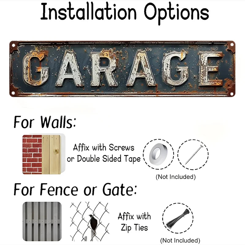Vintage metal garage sign with the word GARAGE, showing installation options for walls and fences.