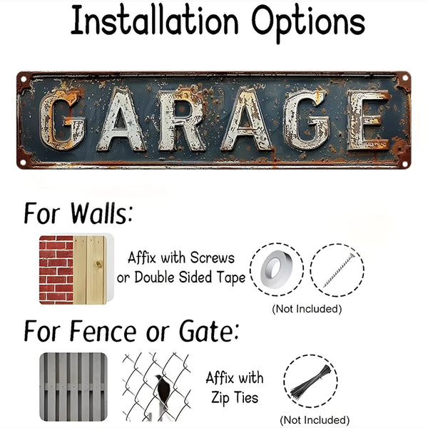 Vintage metal garage sign with the word GARAGE, showing installation options for walls and fences.