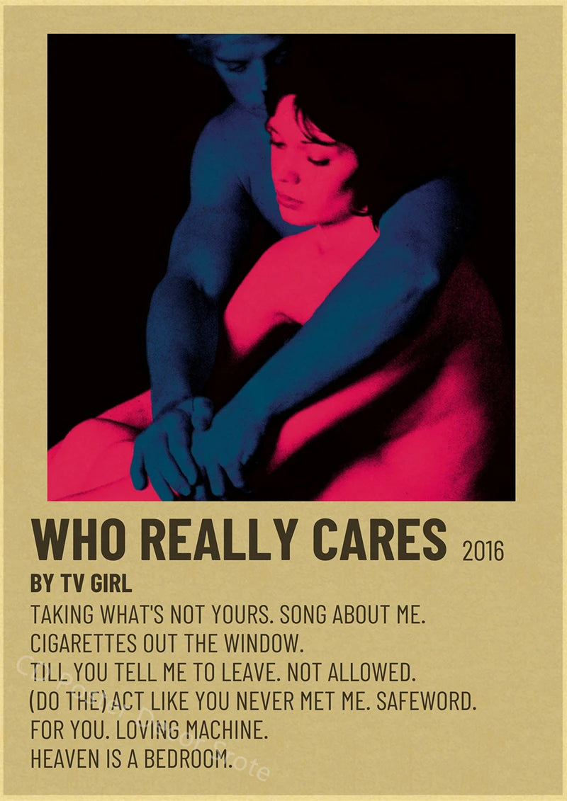 Album cover for Who Really Cares by TV Girl featuring a close-up of two figures in pink and blue light.