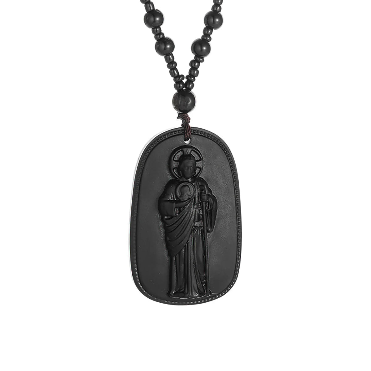 Black obsidian pendant necklace featuring a depiction of Saint Jude Thaddeus