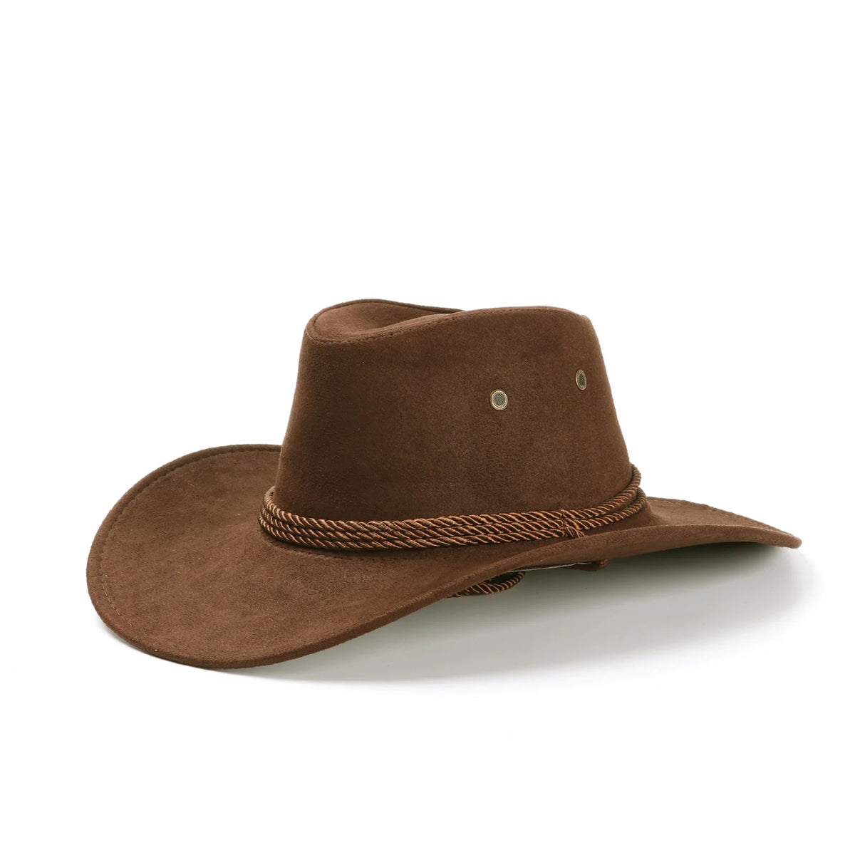 A brown suede western cowboy hat with a braided leather band and a round button.