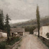 A muted oil painting of a rural road leading toward a village under a cloudy sky.