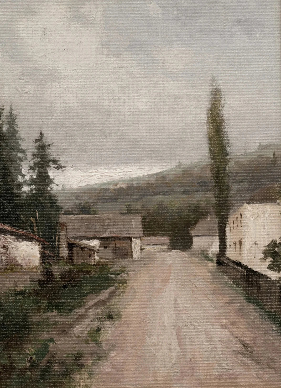 A muted oil painting of a rural road leading toward a village under a cloudy sky.