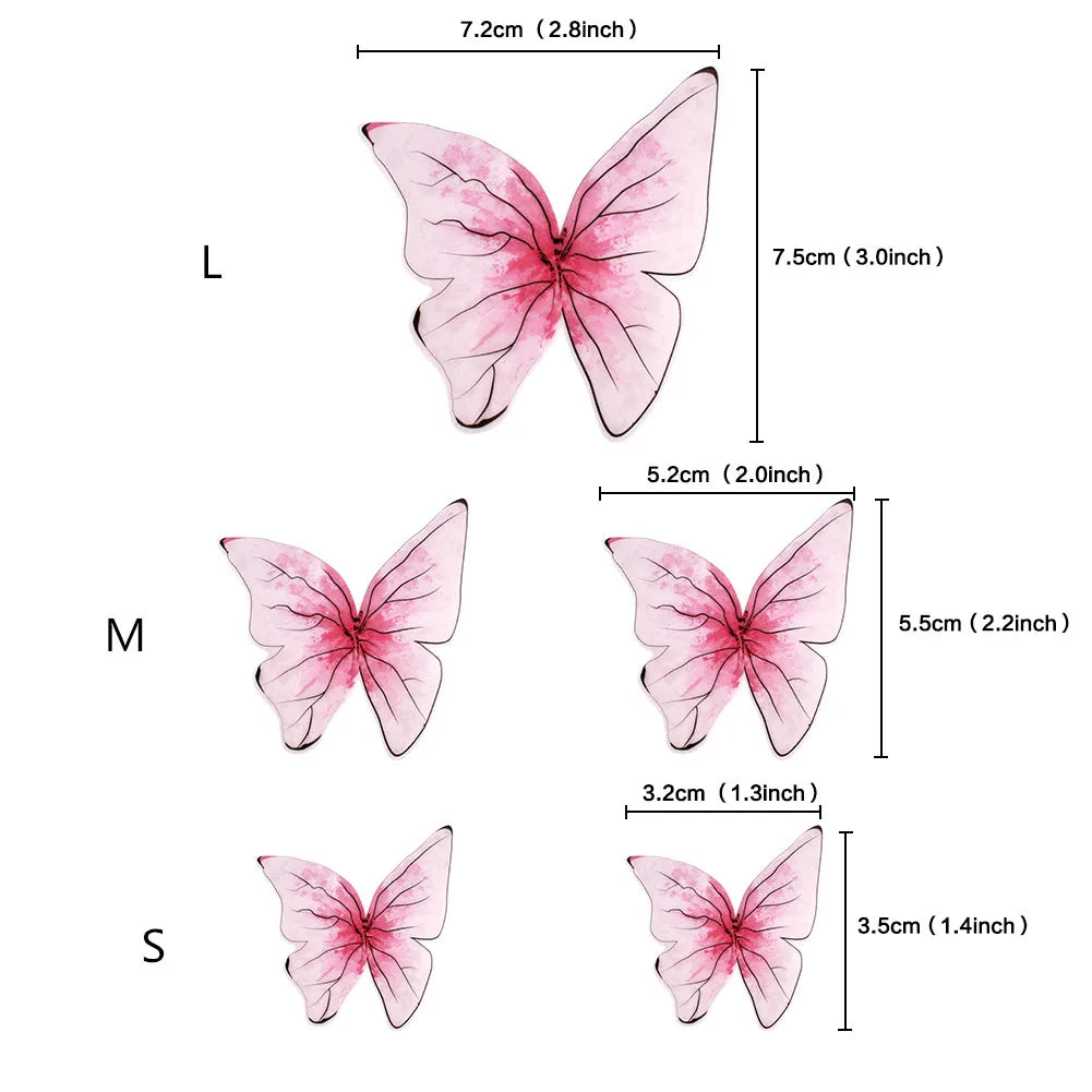 Three butterfly cake toppers in pink shades labeled L, M, and S showing different sizes.