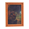 A framed photograph of a cat's face with glowing eyes and a blurred background.