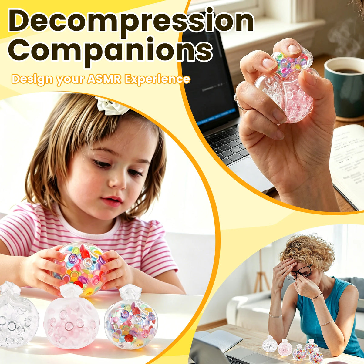 A child is making colorful stress balls using a DIY kit with filling beads.
