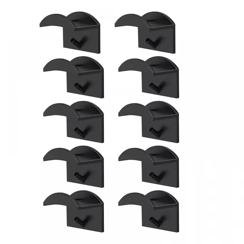A set of nine black no-drill adhesive hat hooks for wall storage.