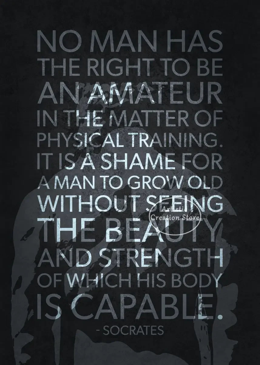 A black canvas print featuring a quote by Socrates about the beauty and strength of the body.