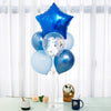 A balloon stand kit featuring a blue star balloon and several round balloons on a clear glass base.