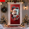 A festive Christmas door cover featuring Santa Claus in a red frame surrounded by evergreen garlands and snow.