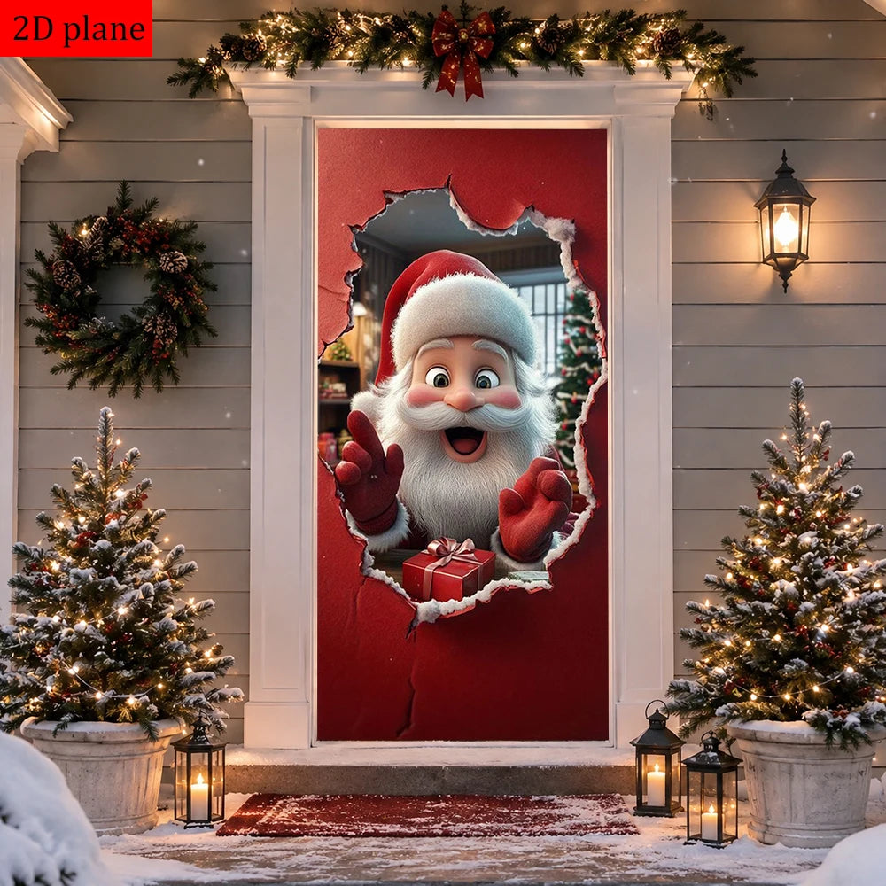A festive Christmas door cover featuring Santa Claus in a red frame surrounded by evergreen garlands and snow.