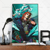 A vertical poster featuring an anime character in a dramatic pose with vibrant green and blue tones.