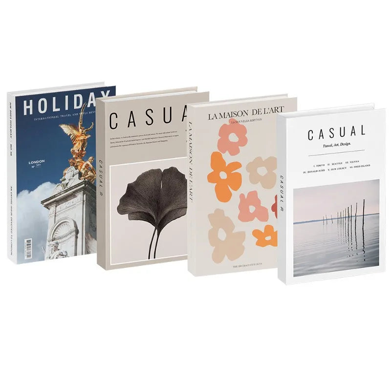 A set of three decorative faux books titled Holiday, Casual, and Casual featuring floral and landscape illustrations.