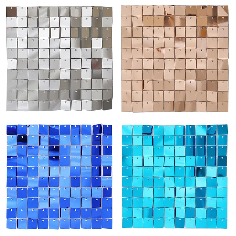 A collection of iridescent sequin shimmer wall panels in silver, rose gold, and blue shades.