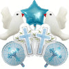 A set of blue and pink foil balloons featuring cross and dove motifs for communion or baptism