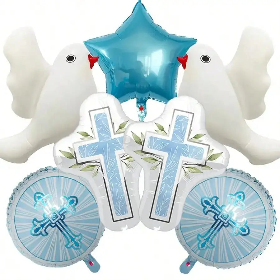 A set of blue and pink foil balloons featuring cross and dove motifs for communion or baptism