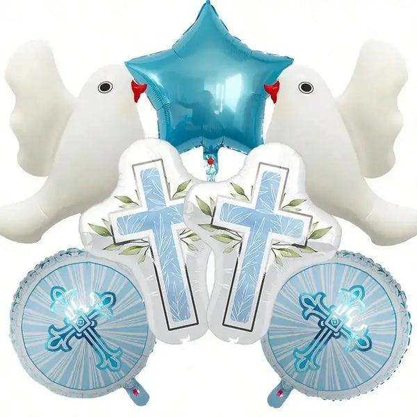 A set of blue and pink foil balloons featuring cross and dove motifs for communion or baptism