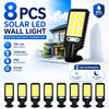 Eight pieces of solar led wall lights with 108 cob bulbs shown next to a box and technical specifications