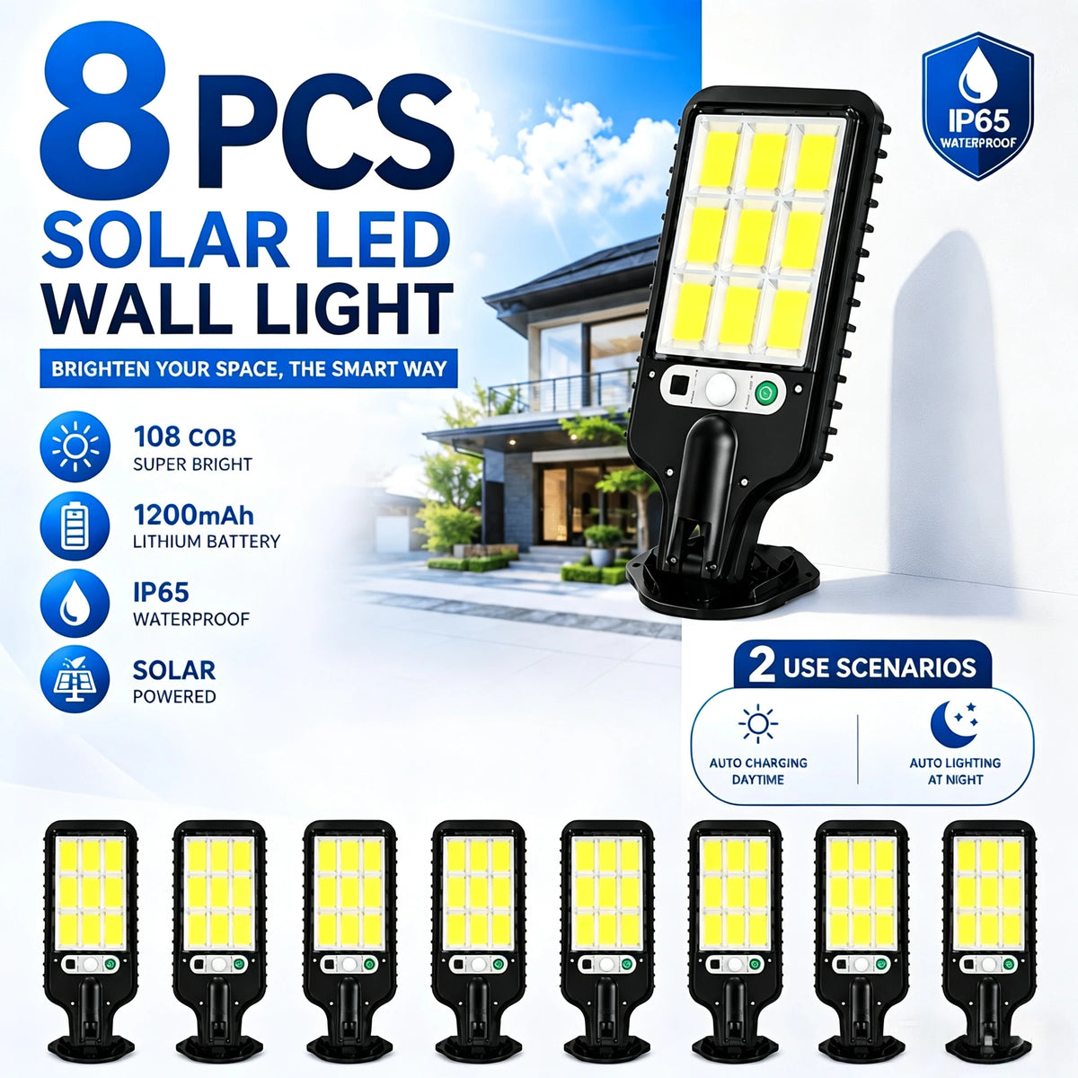 Eight pieces of solar led wall lights with 108 cob bulbs shown next to a box and technical specifications