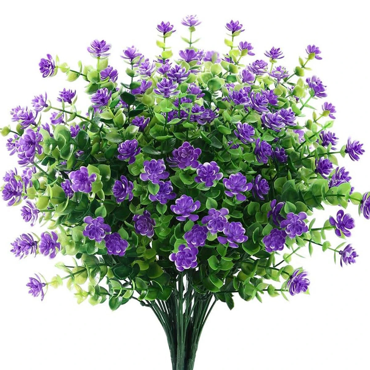 Artificial eucalyptus branch with seven stems featuring purple flowers and green leaves for home decor