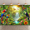 A vibrant photo backdrop banner featuring lush tropical foliage, colorful birds, and a waterfall in a jungle setting.