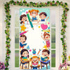 A colorful banner featuring cartoon children studying and celebrating school, decorated with greenery.