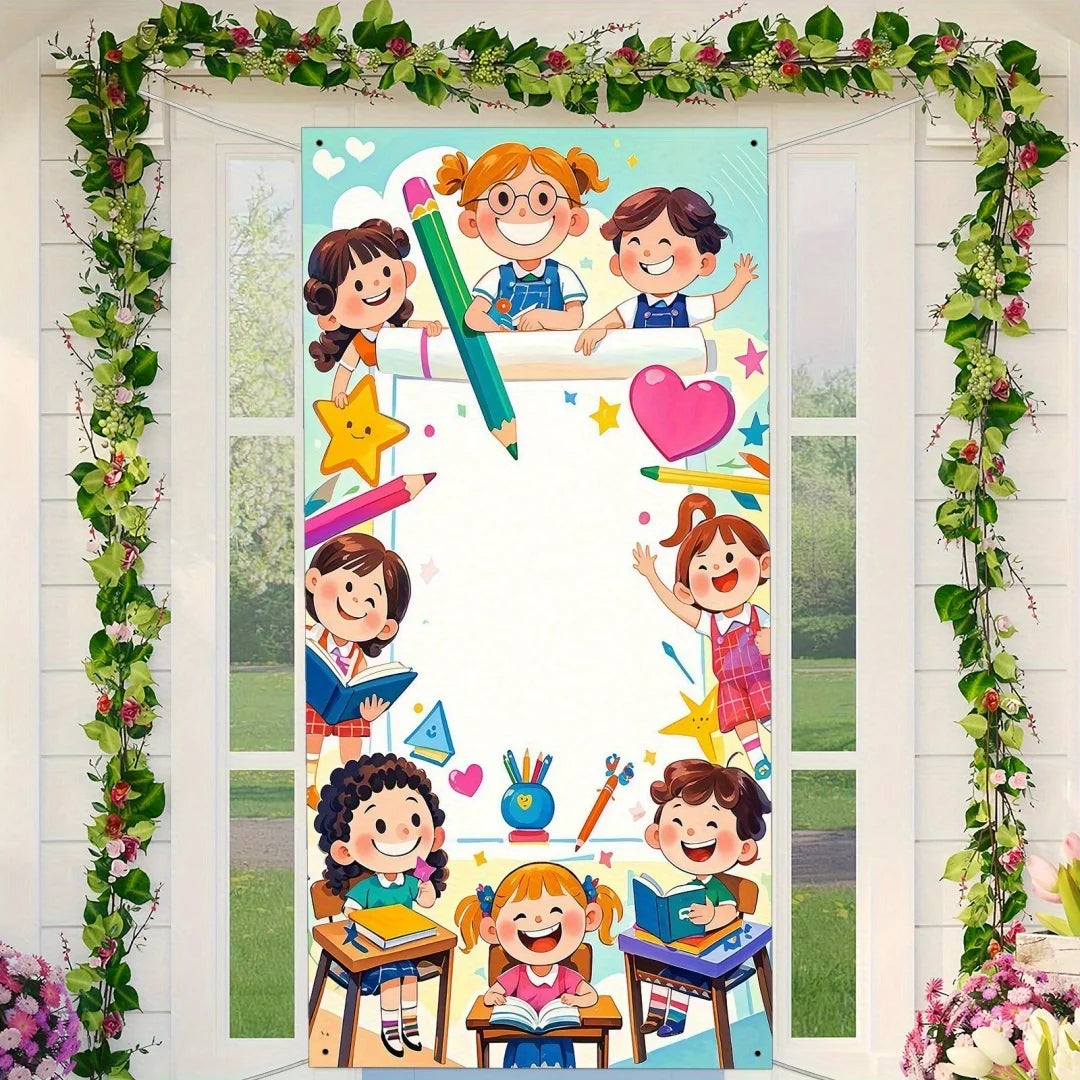 A colorful banner featuring cartoon children studying and celebrating school, decorated with greenery.