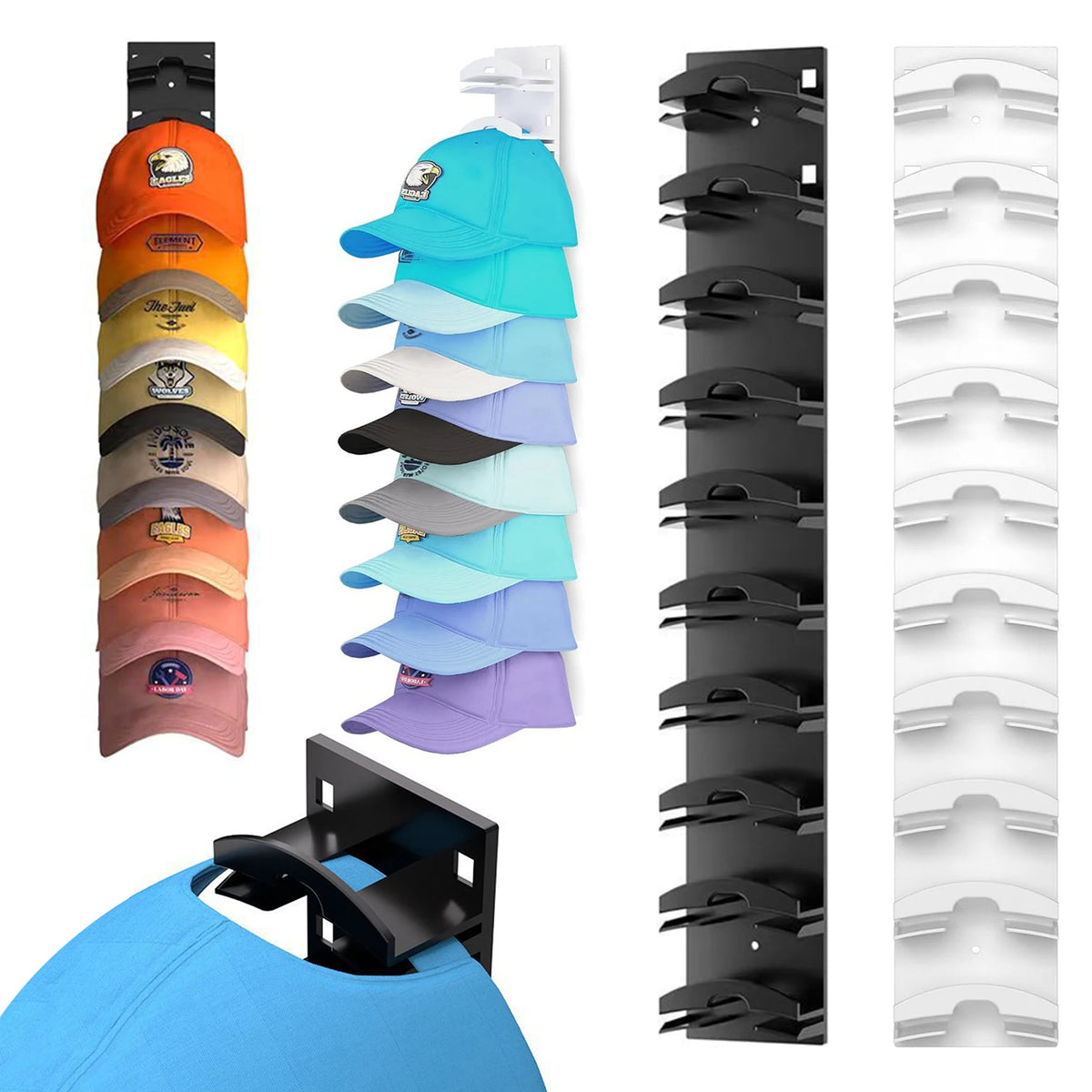 Wall mounted hat organiser rack showing various colored hats and a black storage rack.
