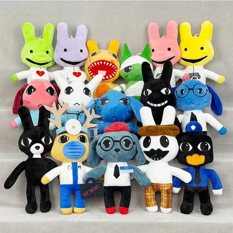 A collection of various plush toys featuring animals like a bunny, dog, and cat in different colors.