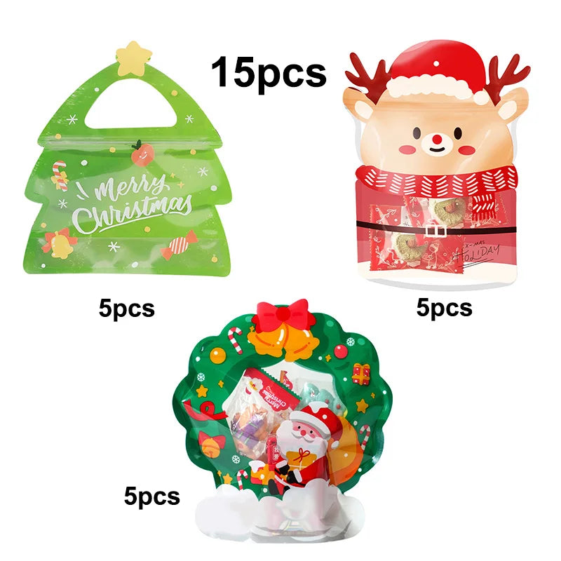 Set of reusable Christmas gift bags featuring a reindeer face and a festive wreath decoration