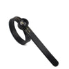 A black adjustable ring sizer with a built-in magnifier is shown on a white background.