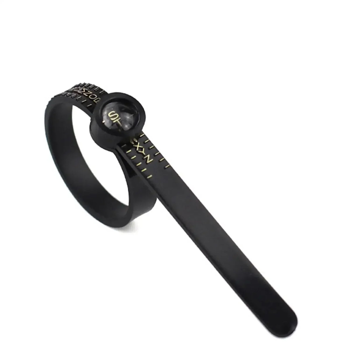 A black adjustable ring sizer with a built-in magnifier is shown on a white background.